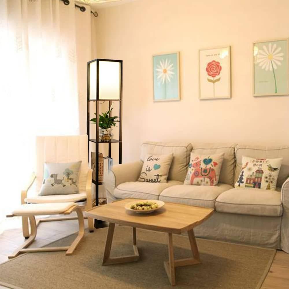 ラックが付いた組み立て式の木製フロアライト フロアライト おしゃれ フロアランプ LED ラック付き 棚付き 木製