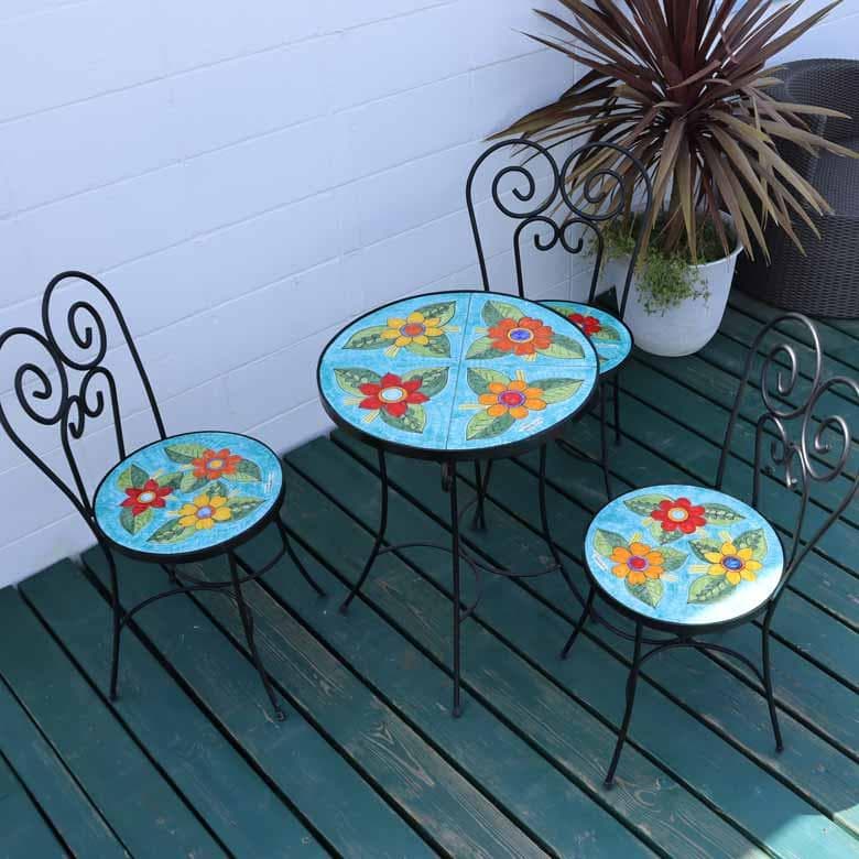 イタリア テーブルセット 花柄 ガーデン 4点セット 53cm ニーノ パルッカ イタリア テーブルセット 魚・グリーン ガーデンテーブル チェア 3点